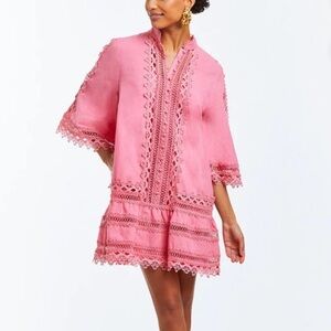 Mestiza- NWT Hot Pink Longsleeve Linen Eyelet Lace Trim Ruffle Mini Dress